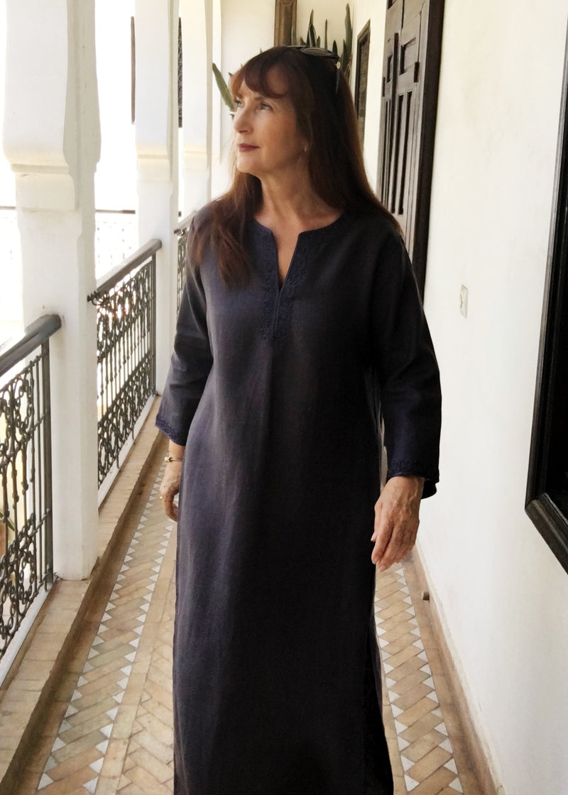 Linen Embroidered Long Caftan Dress, Blue - Grey