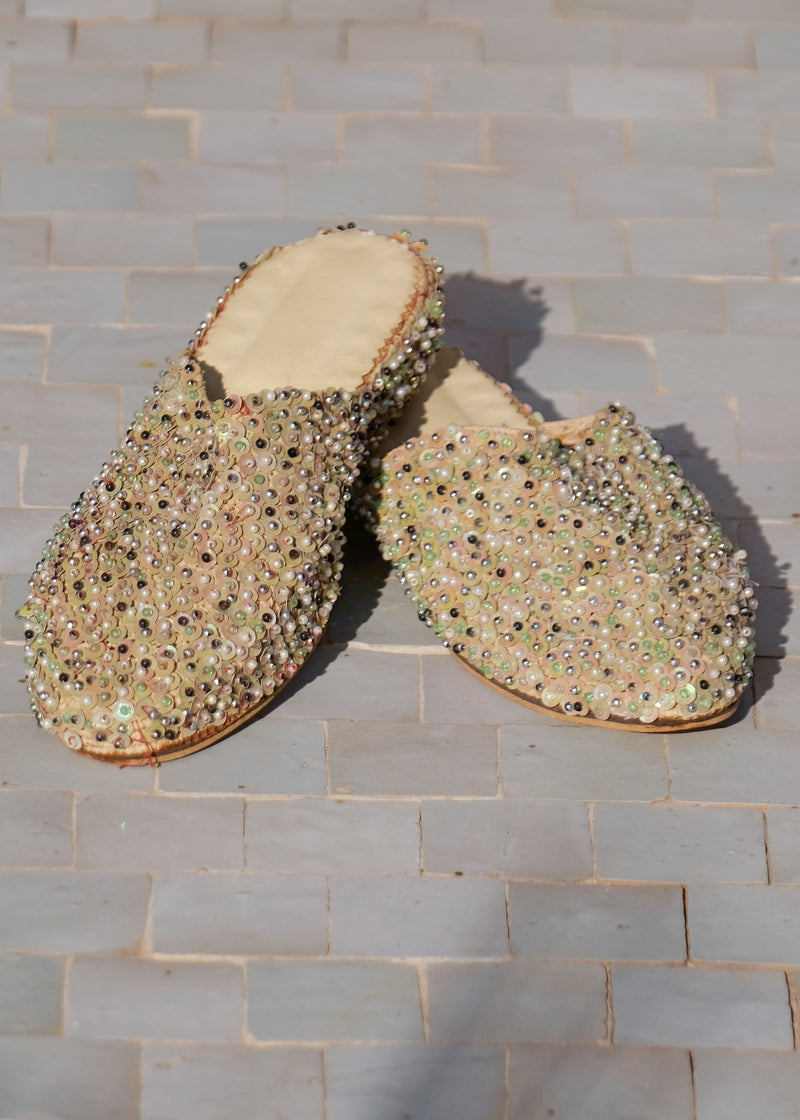 Green Raffia & Sequinned Wedge Babouche Shoes