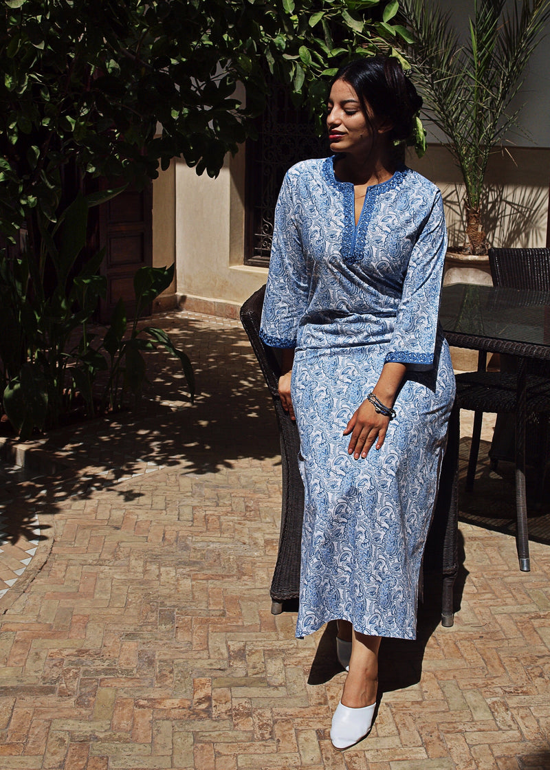 Cotton Embroidered Long Caftan Dress, Blue Paisley