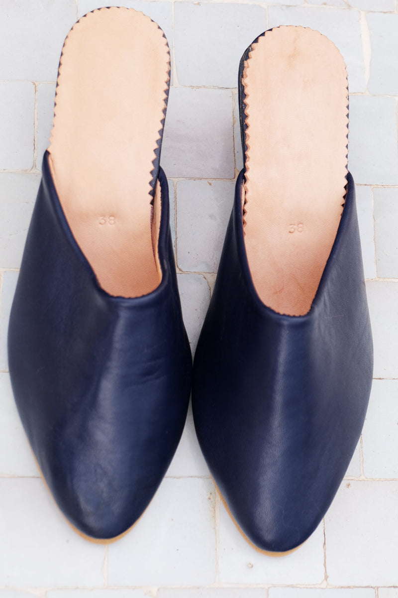 Navy Leather Wedge Babouche Shoes