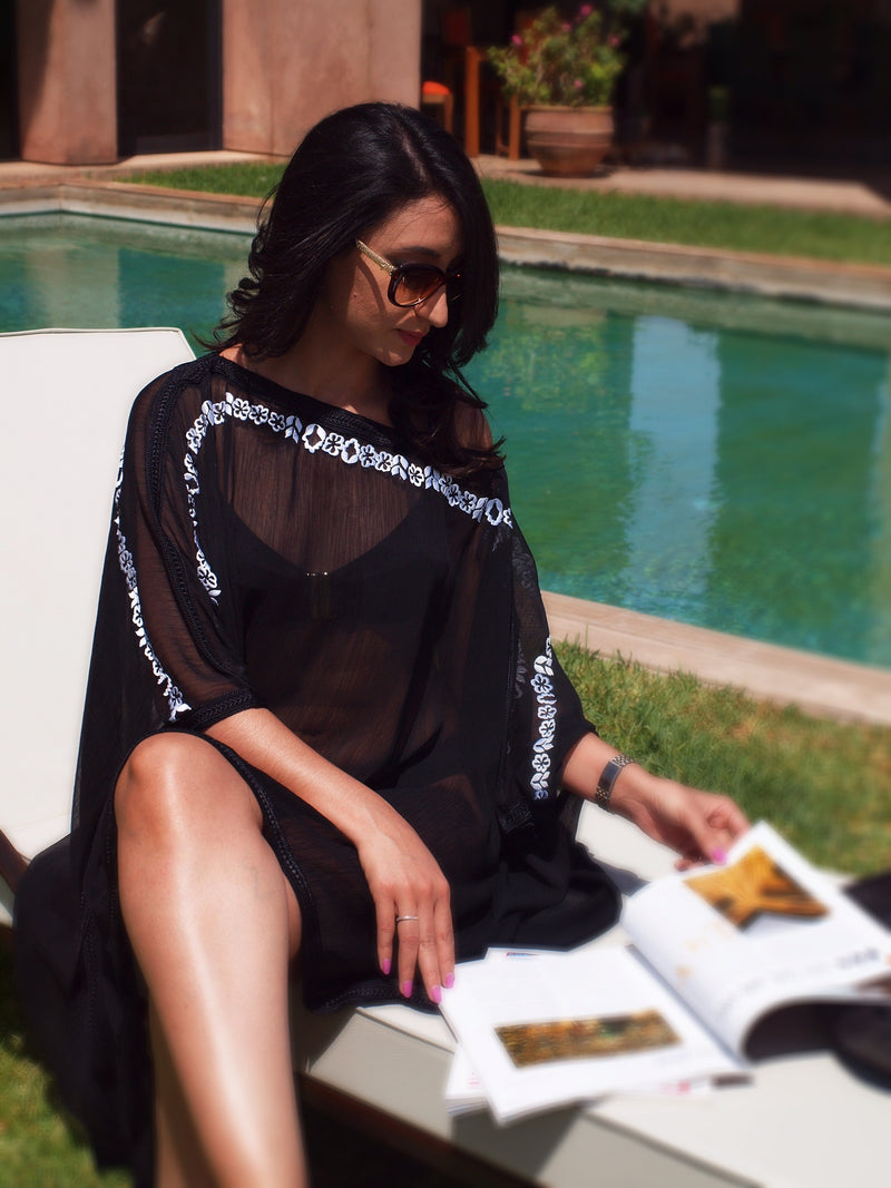 Black chiffon poncho with white embroidery