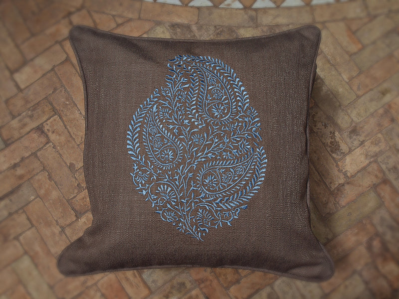 Beige linen cushion cover with blue embroidery 