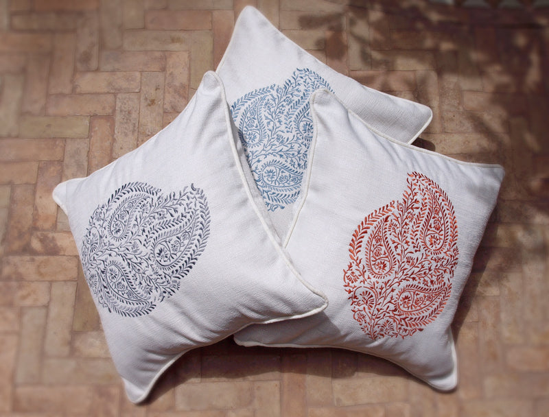 White linen cushion covers with paisley embroidery 