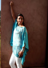 Turquoise silk hand embroidered poncho