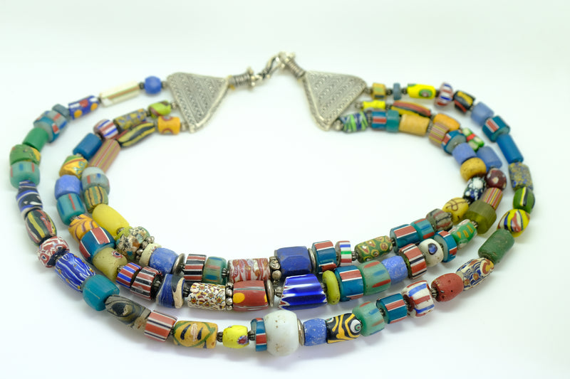 African bead & silver three strand necklace 