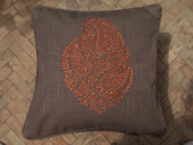 Beige linen cushion cover with orange embroidery 
