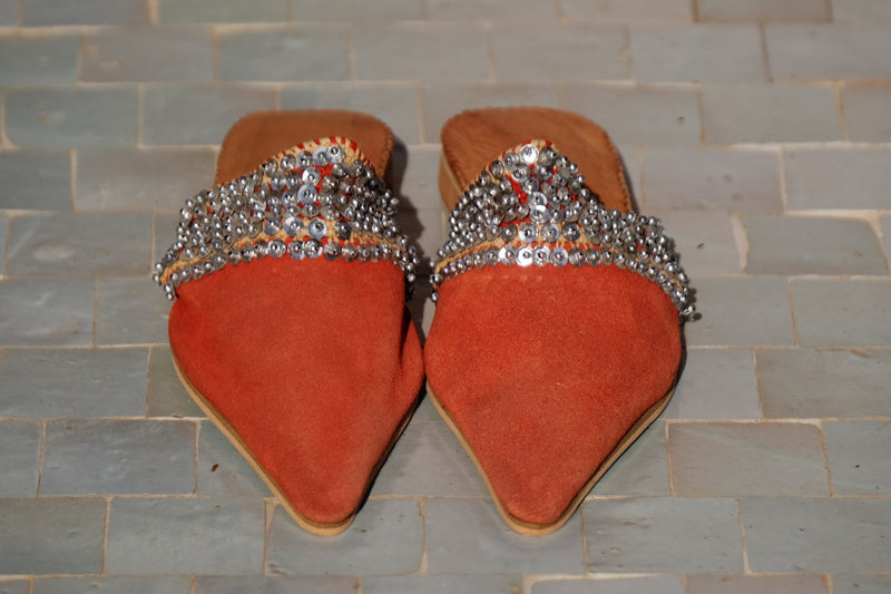 Orange Suede & Raffia Sequinned Pointed Babouche Shoes