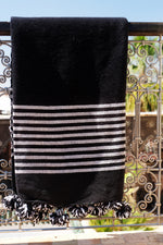 Black Cotton Pom-Pom Blanket With Stripe Border