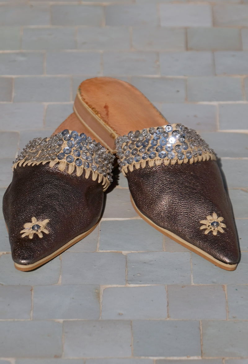 Bronze Leather & Raffia Sequinned Pointed Babouche Shoes