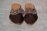 Brown Leather & Raffia Sequinned Babouche Shoes