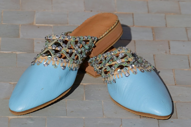Turquoise Leather & Raffia Sequinned Babouche Shoes