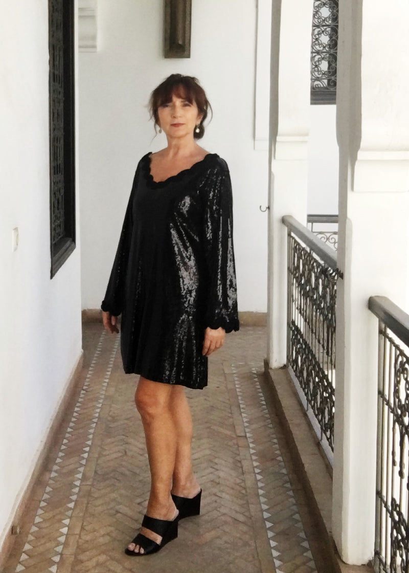 Evening Short Cocktail Dress, Black Sequin With Hand Embroidery