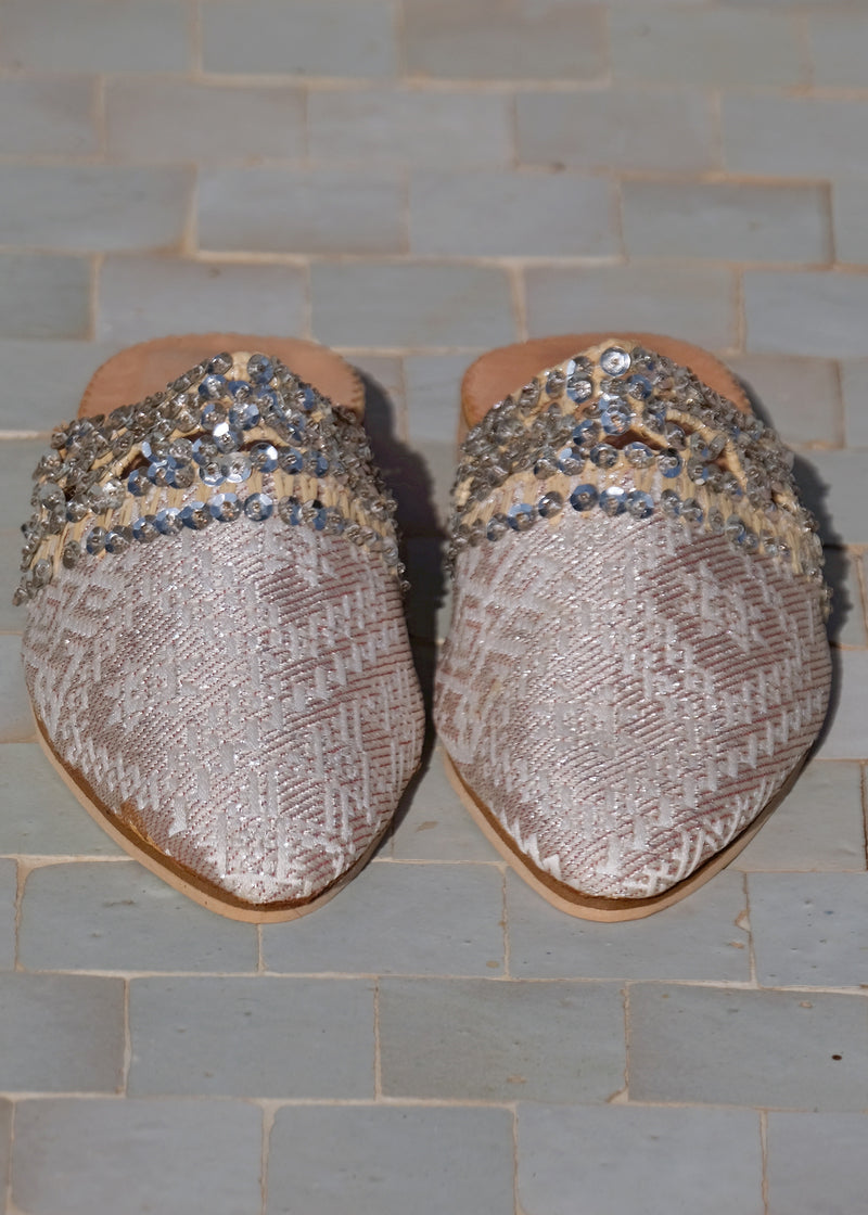 Silver Beldi Fabric & Raffia Sequinned Babouche Shoes