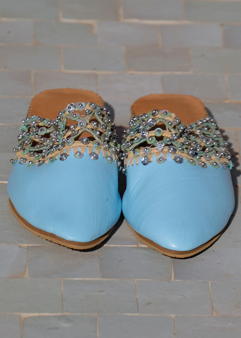Turquoise Leather & Raffia Sequinned Babouche Shoes