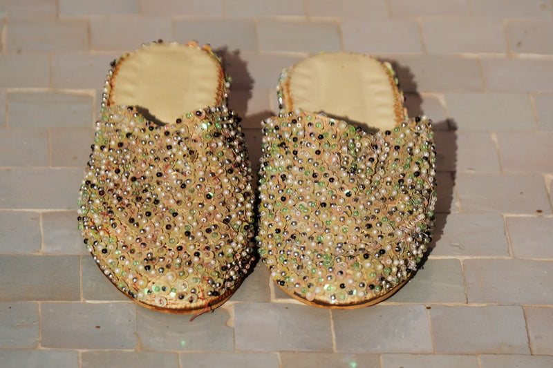 Green Raffia & Sequinned Wedge Babouche Shoes