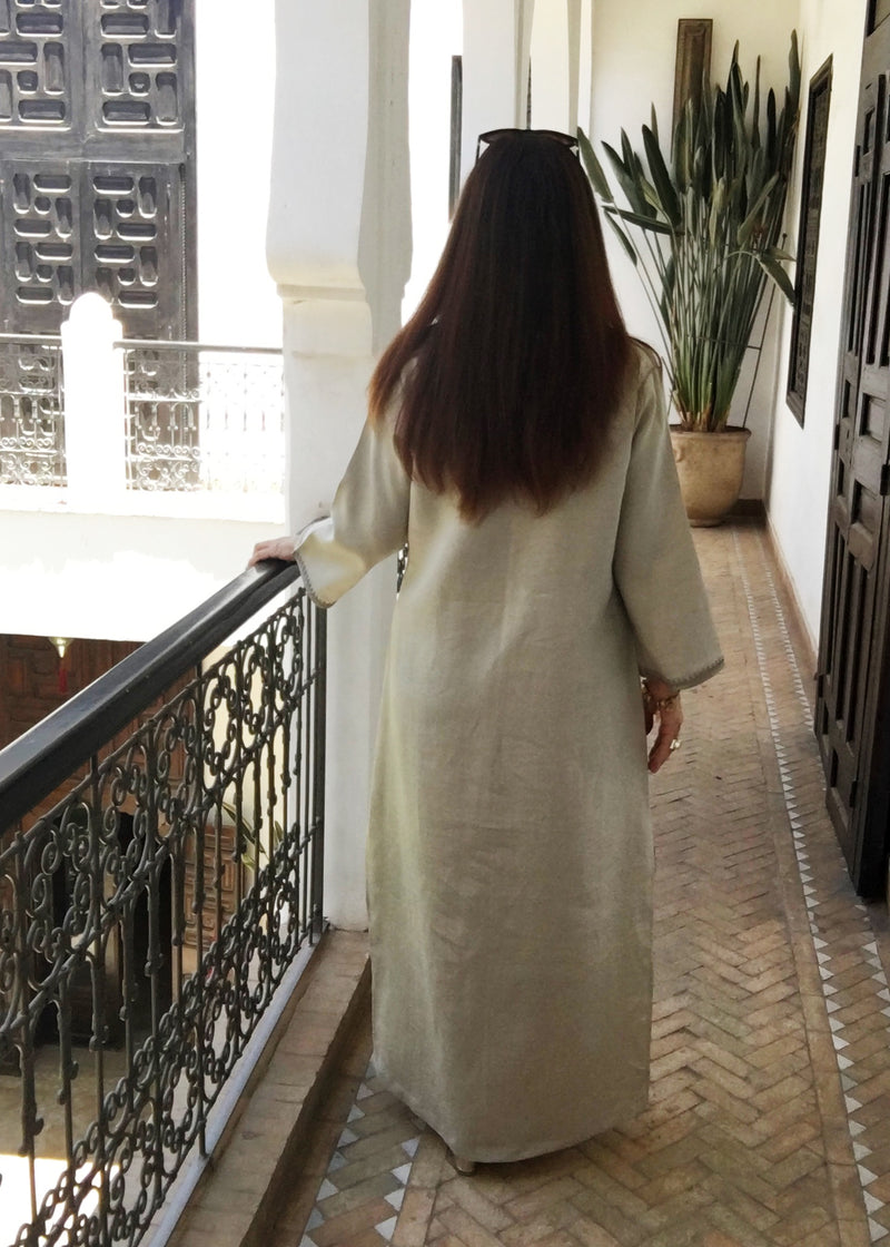 Linen Embroidered Long Caftan Dress, Beige