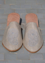 Embroidered Linen Wedge Babouche Shoes
