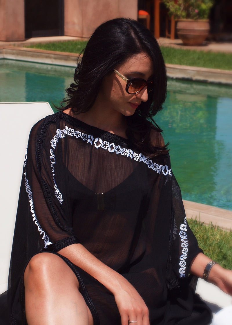 Poncho, Chiffon ( Black With White Hand Embroidery Detail)