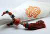 SET OF SIX ORANGE & GREY EMBROIDERED NAPKINS AND BEADED TASSEL RINGS & CO-ORDINATING BREAD BAG