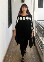 Poncho, Chiffon ( Black With White Hand Embroidered Flowers)