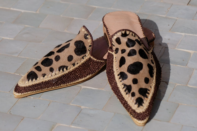 Animal print Leather & Raffia Pointed Babouche Shoes