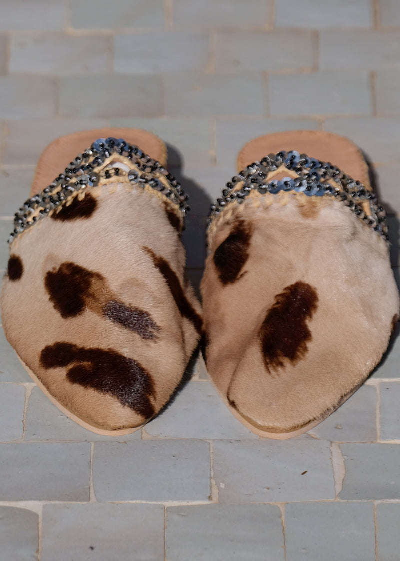 Animal Print Leather & Raffia Sequinned Babouche Shoes
