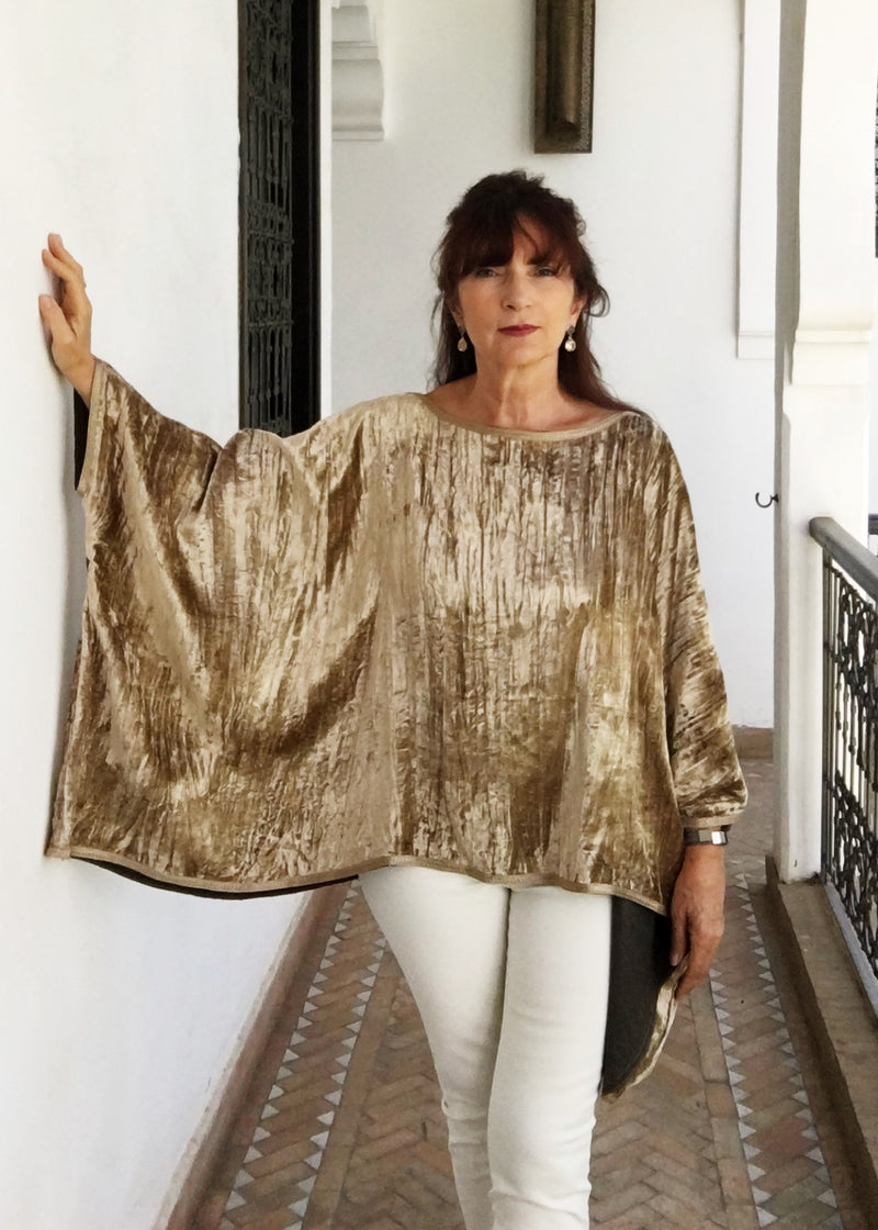 Poncho, Crushed Velvet With Hand Embroidered Shoulder Detail (Cream)
