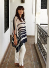 Poncho, Chiffon (Cream & Navy Stripe With Hand Embroidered Shoulder Detail)