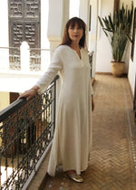 Linen Embroidered Long Caftan Dress, Textured Cream
