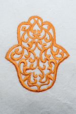 SET OF SIX ORANGE & GREY EMBROIDERED NAPKINS AND BEADED TASSEL RINGS & CO-ORDINATING BREAD BAG