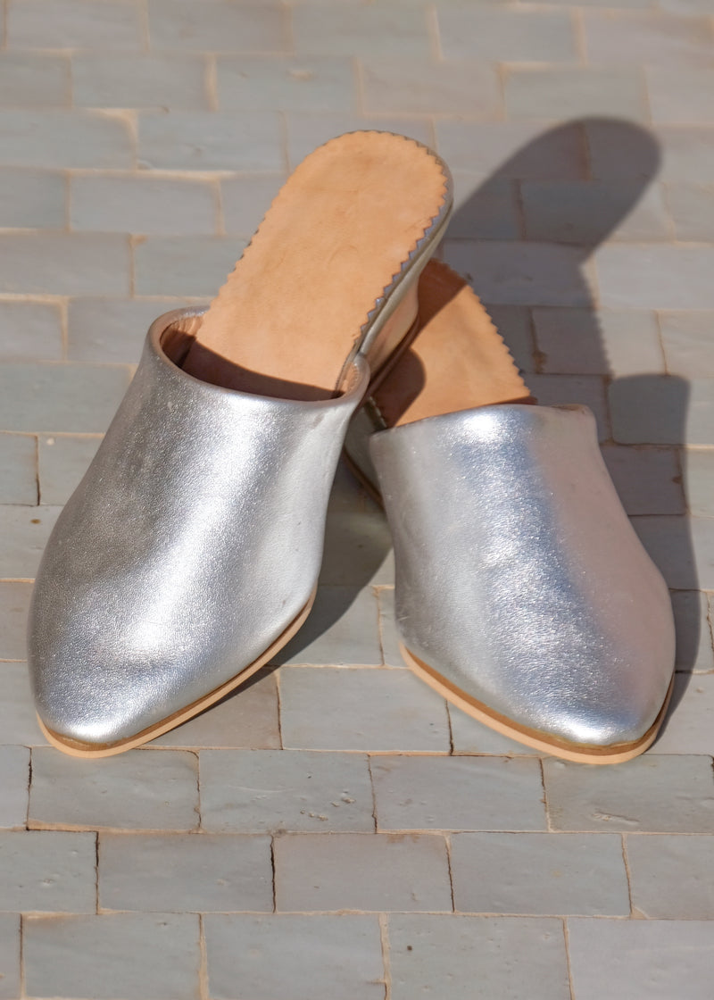 Silver Leather Wedge Babouche Shoes