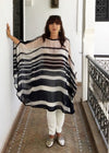 Poncho Short Dress, Chiffon (Cream & Navy Stripe With Hand Embroidered Shoulder Detail)