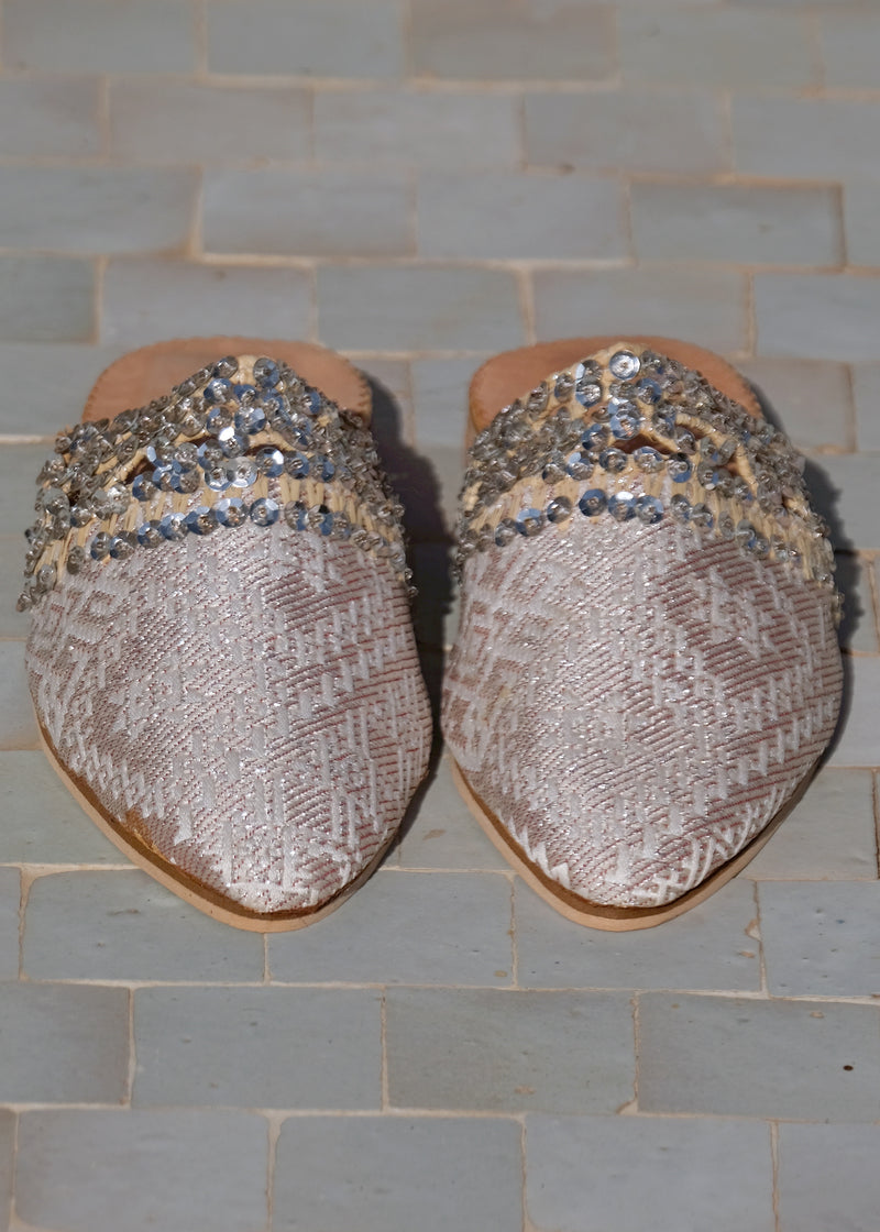 Silver Beldi Fabric & Raffia Sequinned Babouche Shoes