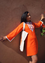 Linen Embroidered Short Caftan Dress , Orange & White
