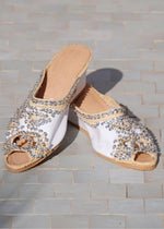 White Leather & Sequin Peep Toe Wedge Babouche Shoes