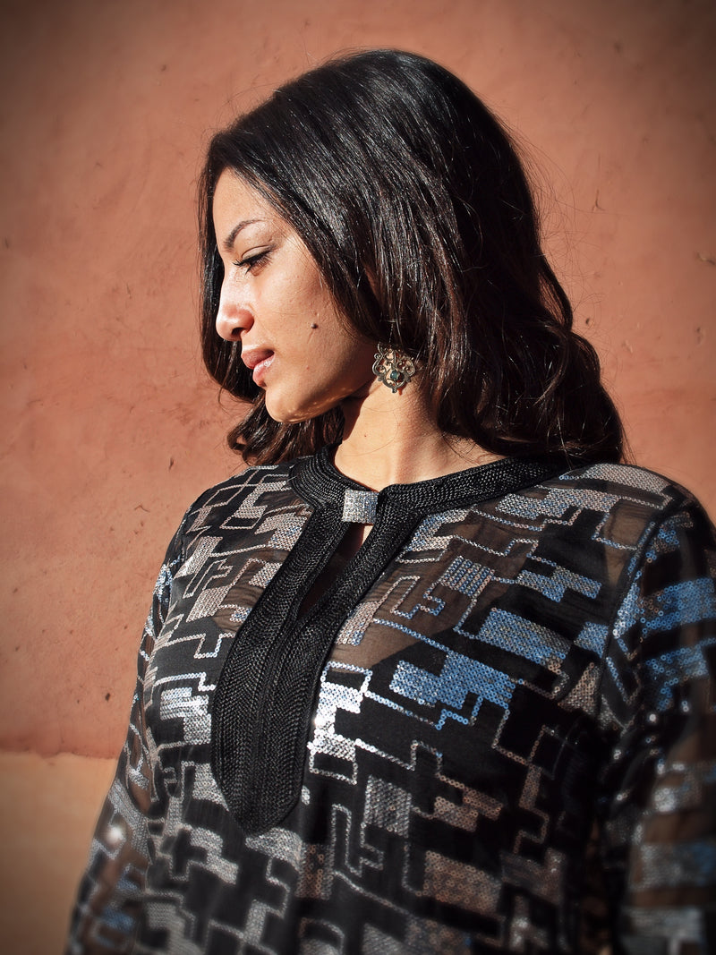 Evening Short Caftan Dress, Black & Silver Sequin – Atelier M Marrakech