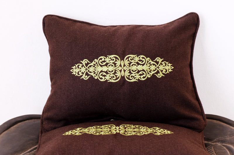 Set of Three Brown & Green Wool & Cashmere Embroidered Cushion Covers