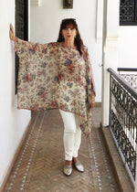 Poncho, Chiffon (Pink Floral With Hand Embroidered Shoulder Detail)