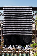 Black & White Stripe Cotton Moroccan Pom-Pom Blanket With Black Border