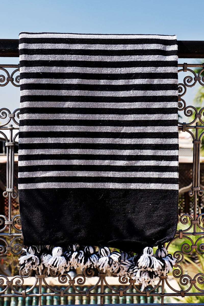 Black & White Stripe Cotton Moroccan Pom-Pom Blanket With Black Border