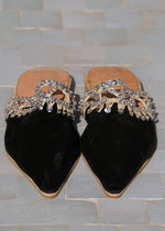 Black Suede & Raffia Sequinned Pointed Babouche Shoes
