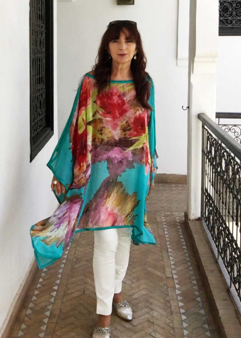 Poncho, Chiffon (Multi Floral With Hand Embroidered Shoulder Detail)