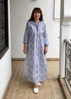 Cotton Embroidered Long Caftan Dress, Blue Paisley