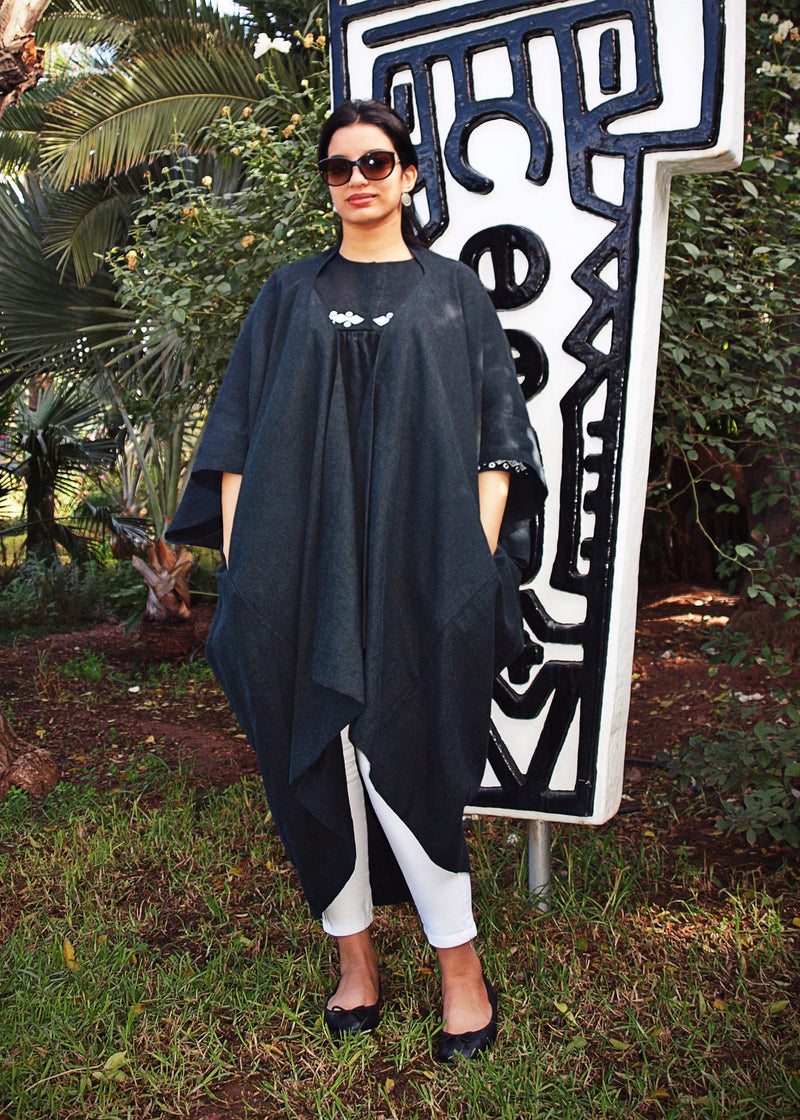 Cocoon Coat, Long Embroidered Navy Linen