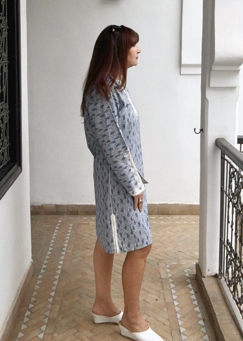 Cotton Embroidered Short Caftan Dress , Blue Paisley