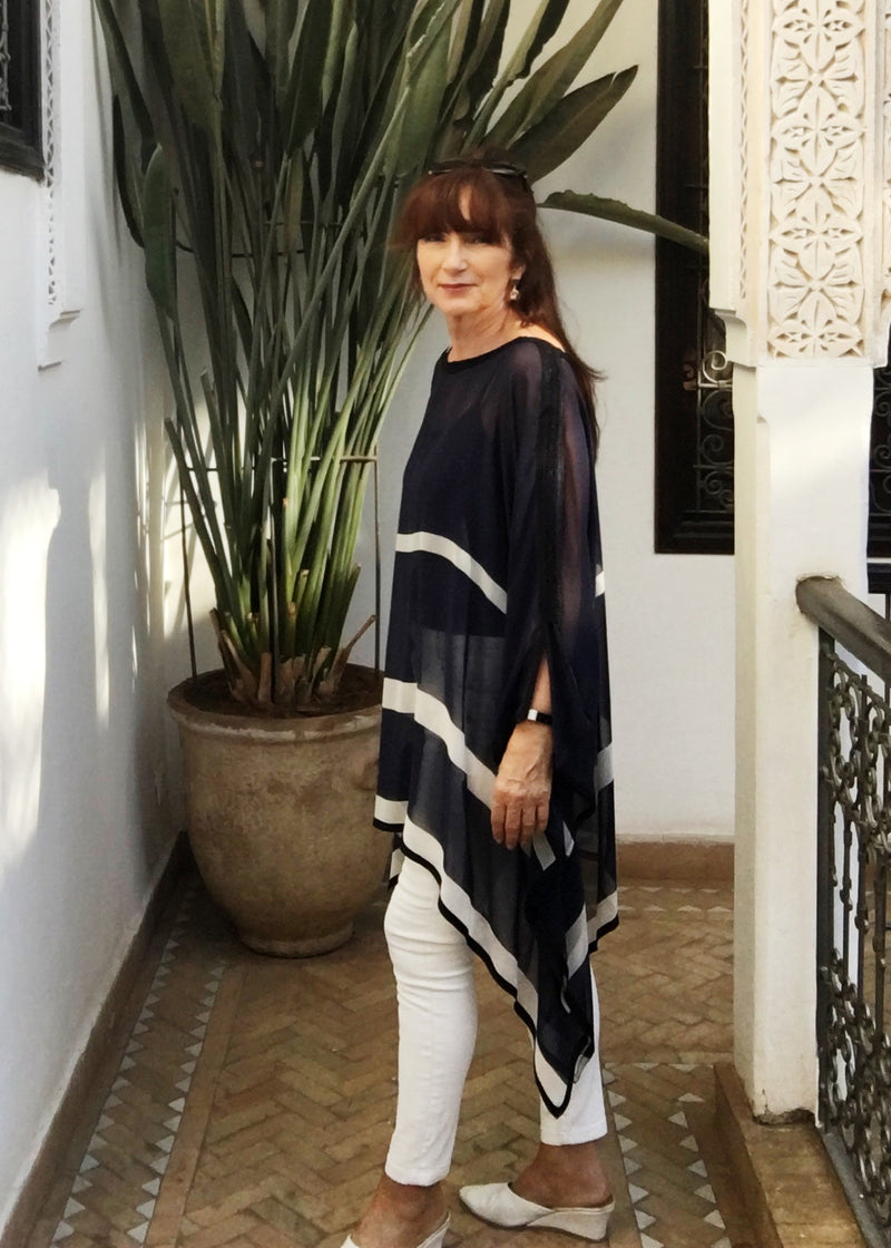 Poncho, Chiffon (Navy & Cream Stripe With Hand Embroidered Shoulder Detail)