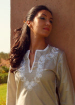 Linen Embroidered Short Caftan Dress , Silver & White
