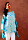 Poncho, Silk (Turquoise &  White With Hand Embroidered Shoulder Detail)