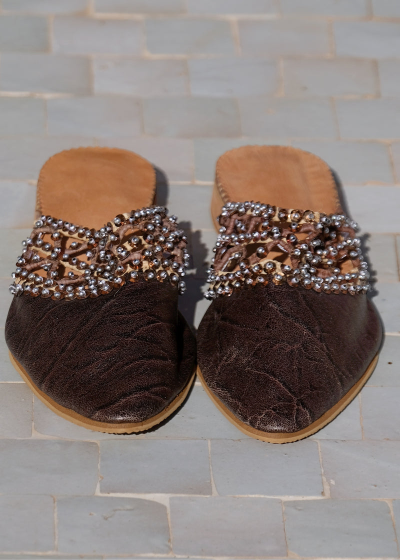 Brown Leather & Raffia Sequinned Babouche Shoes
