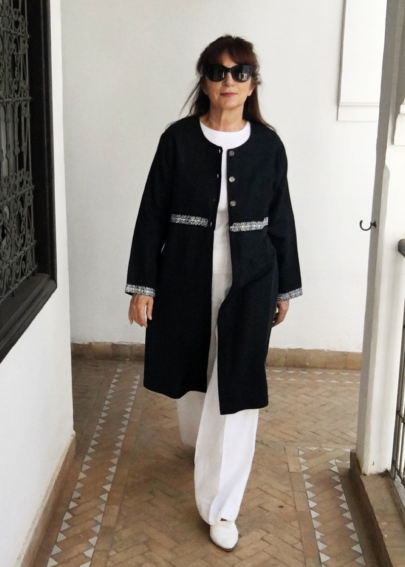 Smock Coat, Embroidered Navy Linen